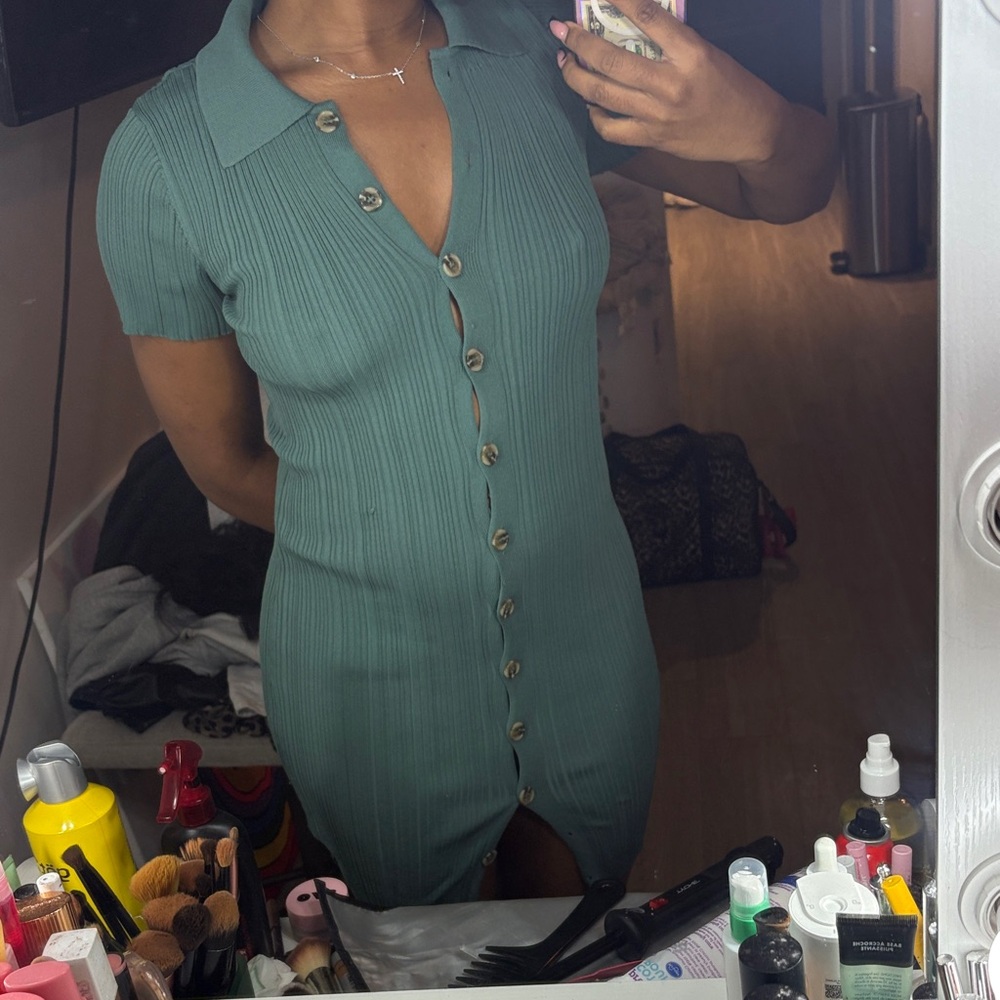 Forever 21 Teal Button-Up Ribbed Midi Dress